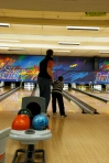 Jordan's style of bowling - hold one hand and throw!
